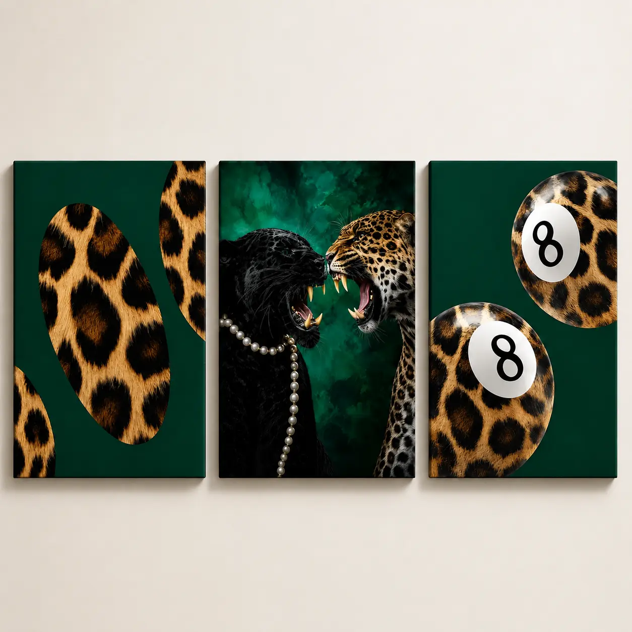 3-Piece Pine Wood Framed Leopard Canvas Wall Artwork Set, Modern Jungle Animal Graphic Funky Hanging Decor for Living Room, Bedroom Home Decoration