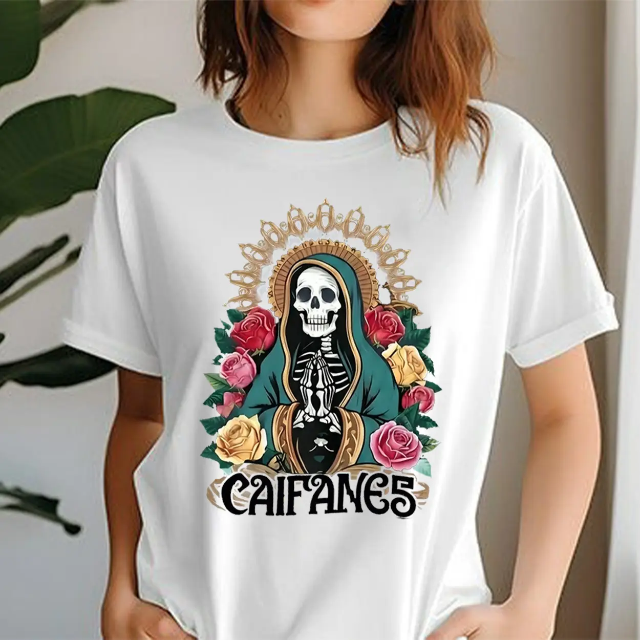Caifanes Sacred Rose Skeleton Comfort Color Letter Printed Tee Ring-Spun Cotton Soft-Washed T-Shirt Trendy Tops Perfect Gift