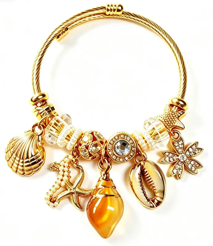 Ocean Beach Gold Cable Charm Bangle Bracelet for Women, Summer Seashell Starfish Conch Crystal Pearl Charms Open Cuff Bracelet, Bohemian Vacation Beach Jewelry Gift for Her