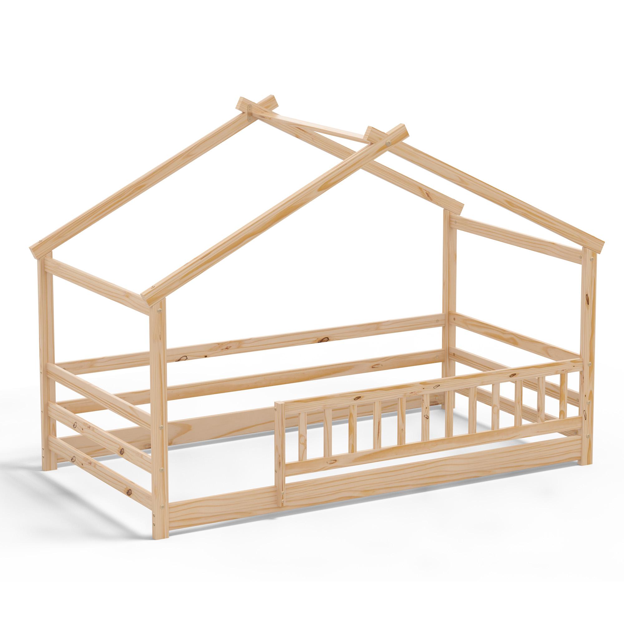 Tolead Twin Size House Bed Montessori Floor Bed Frame with Safety Guardrails & Playhouse Roof Easy Assembly Toddler Bed for Boys and Girls