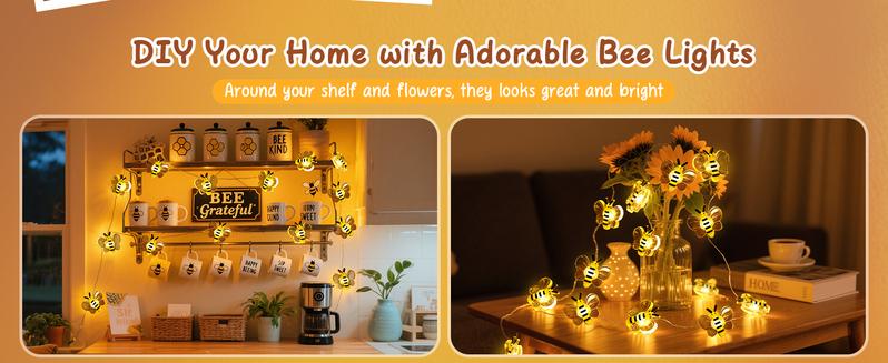 Hoodink Bee Lights Room Decor, Christmas Gifts for Women Teen Girls Boys, 2pcs 20 LED Cute Honey Bee String Fairy Lights Battery Operated, Bee Decorations for Bedroom Dorm Classroom Plants Wedding, Water Proof, Easy to DIY
