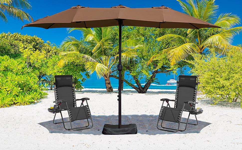 【Crazy Price】Yaheetech 15/13ft Heavy Duty Canopy Double Layer Cloth Patio Umbrella with 12 Ribs Hand Crank for Easy Opening 2 Sandbags Outdoor Design for Garden Pool and Lawn