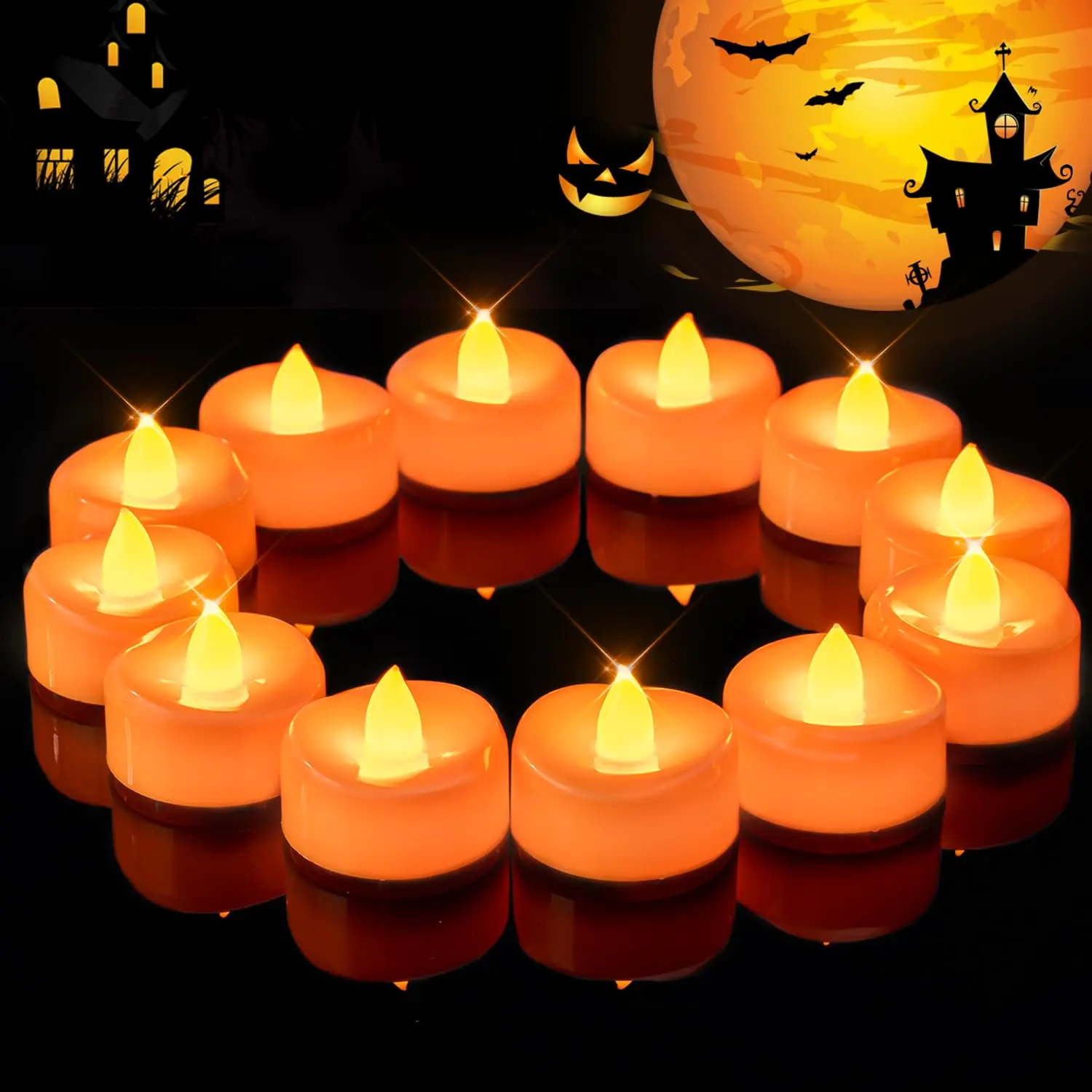 Halloween Flameless Candles, 12-Pack Orange Tea Lights Candles Battery Operated, LED Pumpkin Lights Flickering, Electric Fake Tealight Candles, 1.5'' D X 1.25'' H
