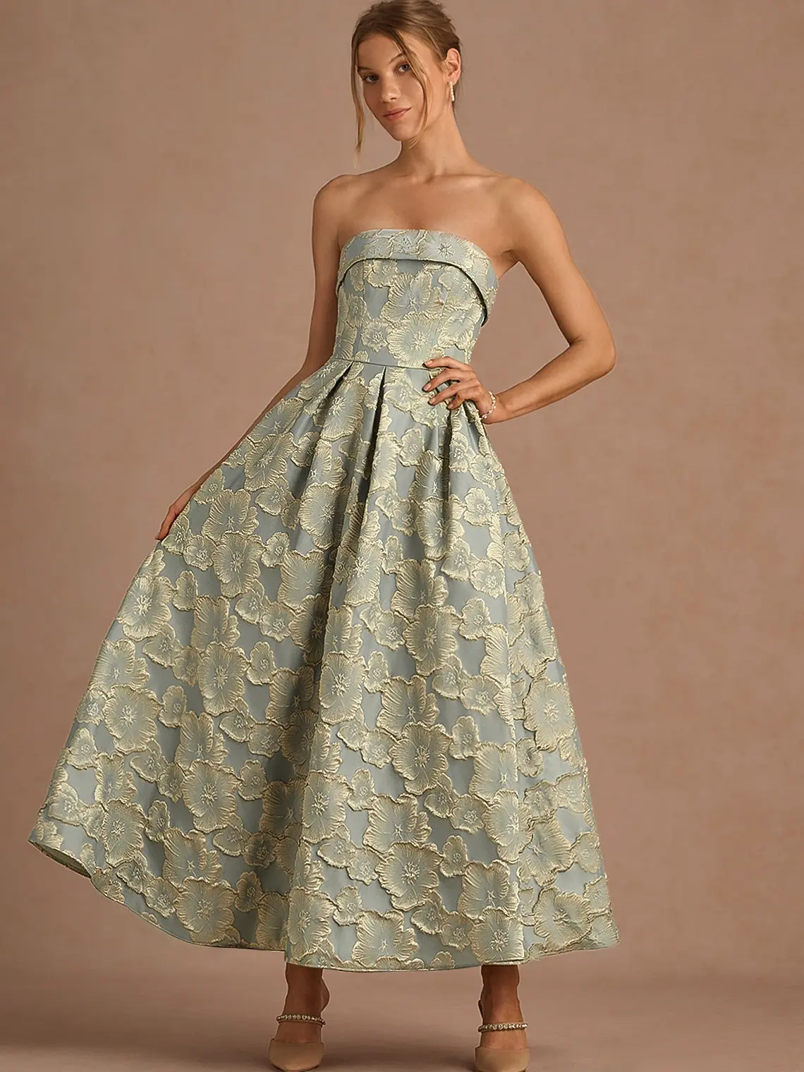 Azazie Florentine Corset Bandeau Jacquard Taffeta Wedding Guest Party Maxi Dress, Sleeveless, Wedding Guest Dresses