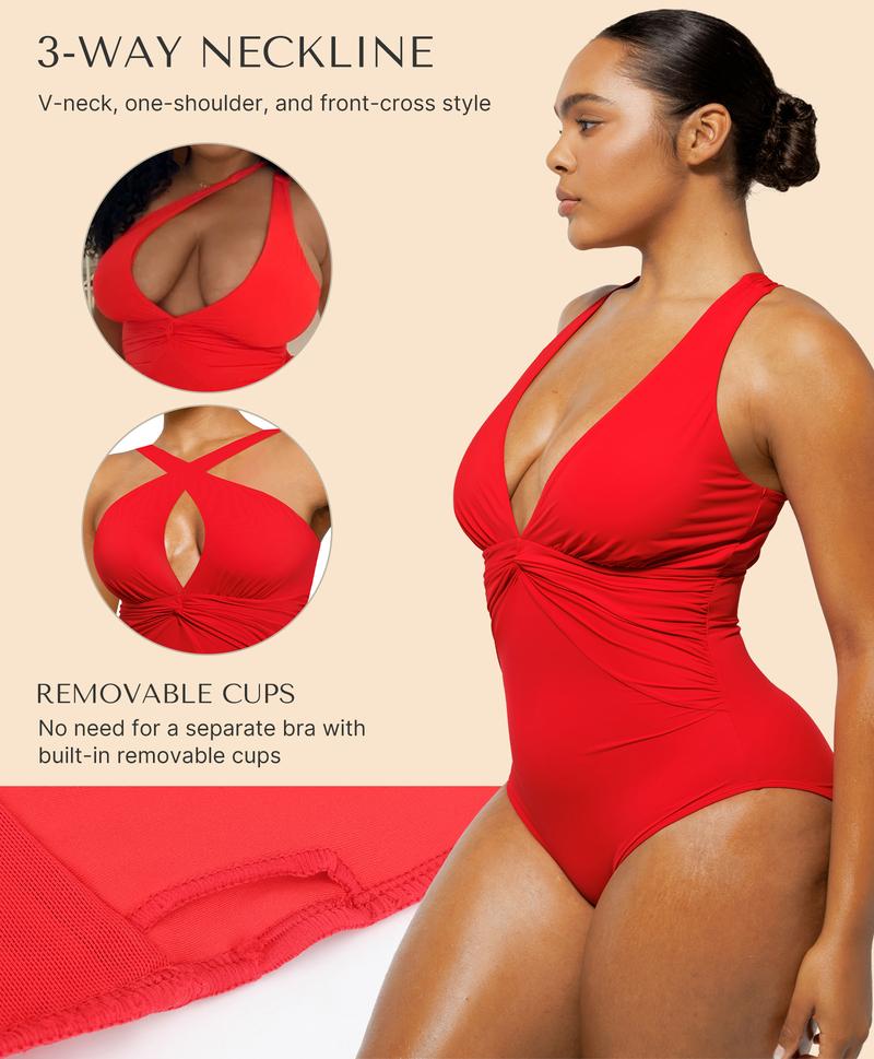 Shapellx Smart Sculpt Ruched Twist-Front Shaping Swimsuit for Women One Piece Bathing Suit Multiple ways to wear Swimwear Shapellx Smart Sculpt Ruched Twist-Front Shaping Swimsuit for Women One Piece Bathing Suit Multiple ways to wear Swimwear