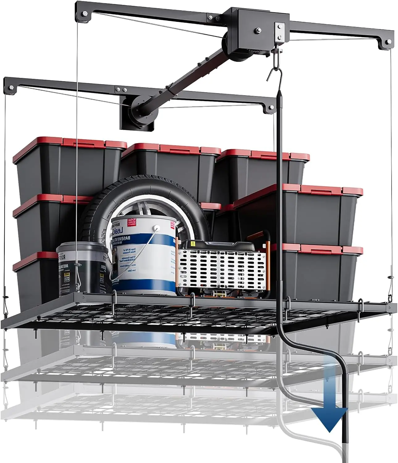 PeakPursuit 4x4 ft Overhead Garage Rack, 250/350 Lb Capacity Ceiling Mount Storage with Auto-Lock, Heavy Duty Adjustable Shelving for Attic, Basement, and Indoor Organizing