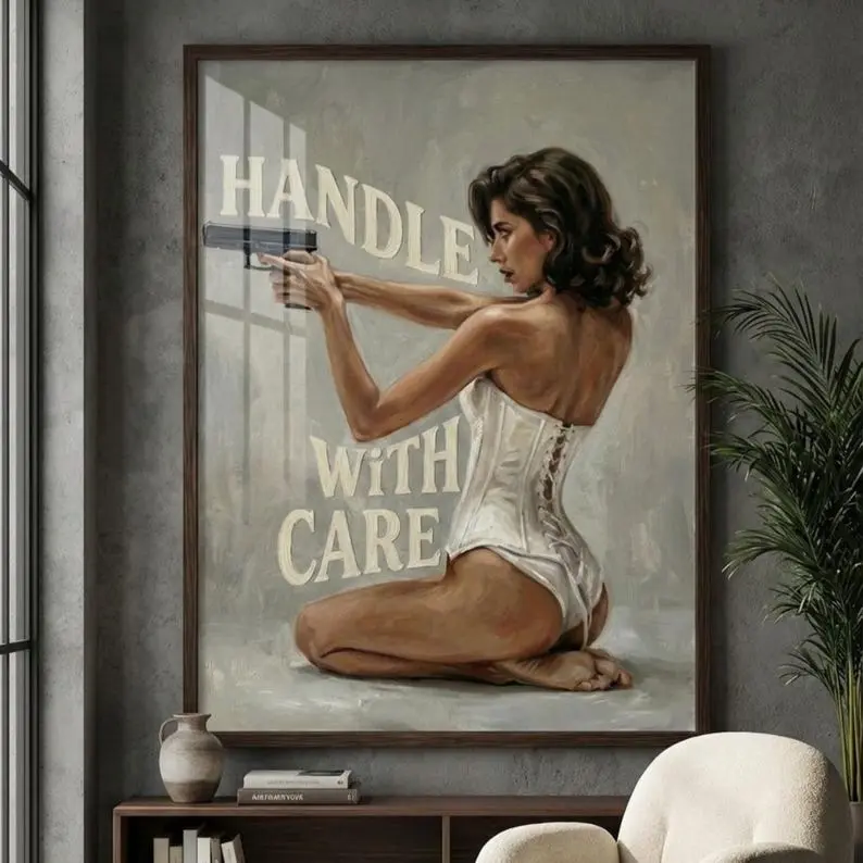 Vintage Pin Up Gun Girl Poster, Handle With Care Retro Wall Art, Classic Pinup Woman Illustration, Vintage Western Aesthetic Decor, Man Cave Wall Print
