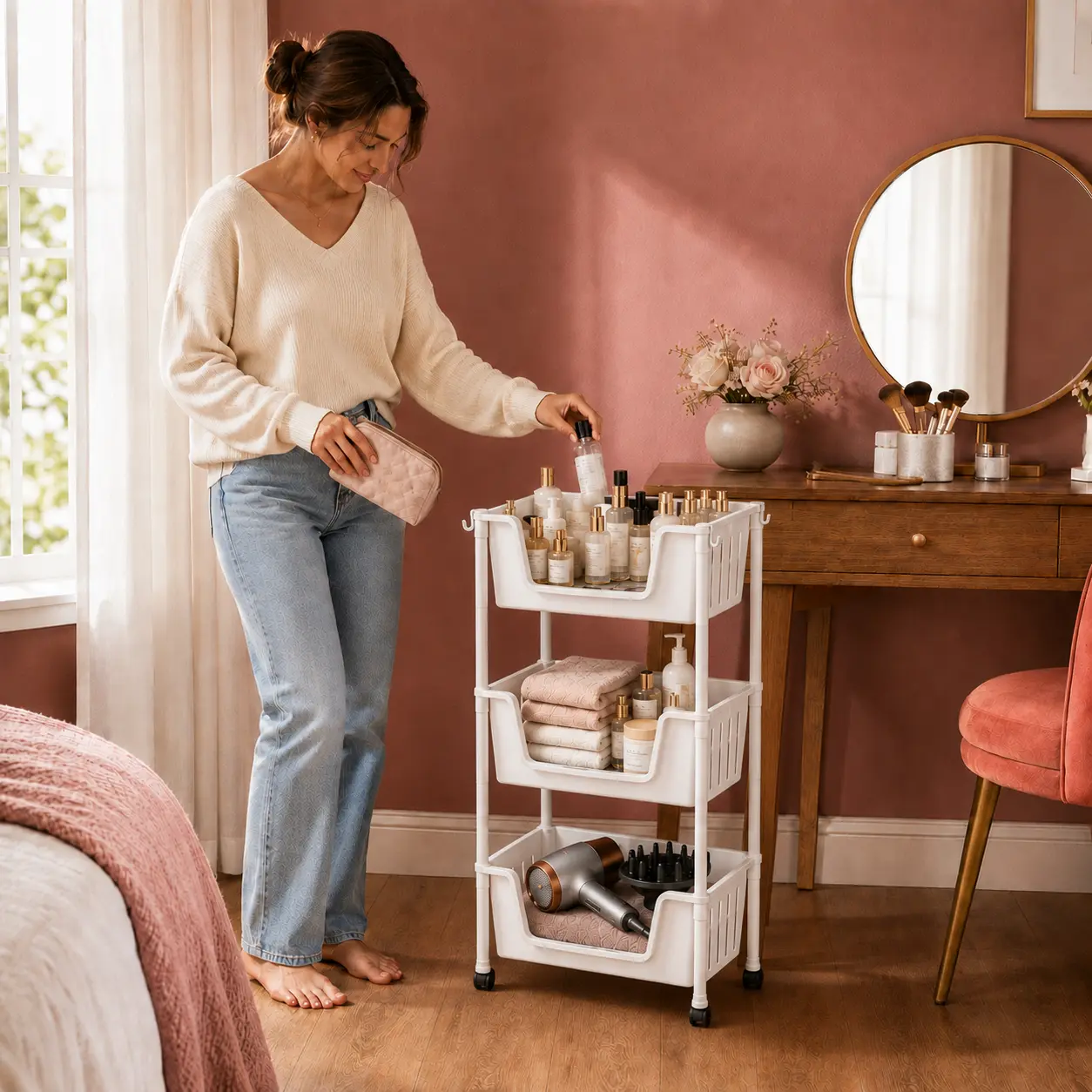 Multi-Tiered ABS Plastic Deep Basket Rolling Storage Cart with Wheels, Side Hooks, Box Pack - Open-Front Organizer for Kitchen & Bath, Home Storage Needs