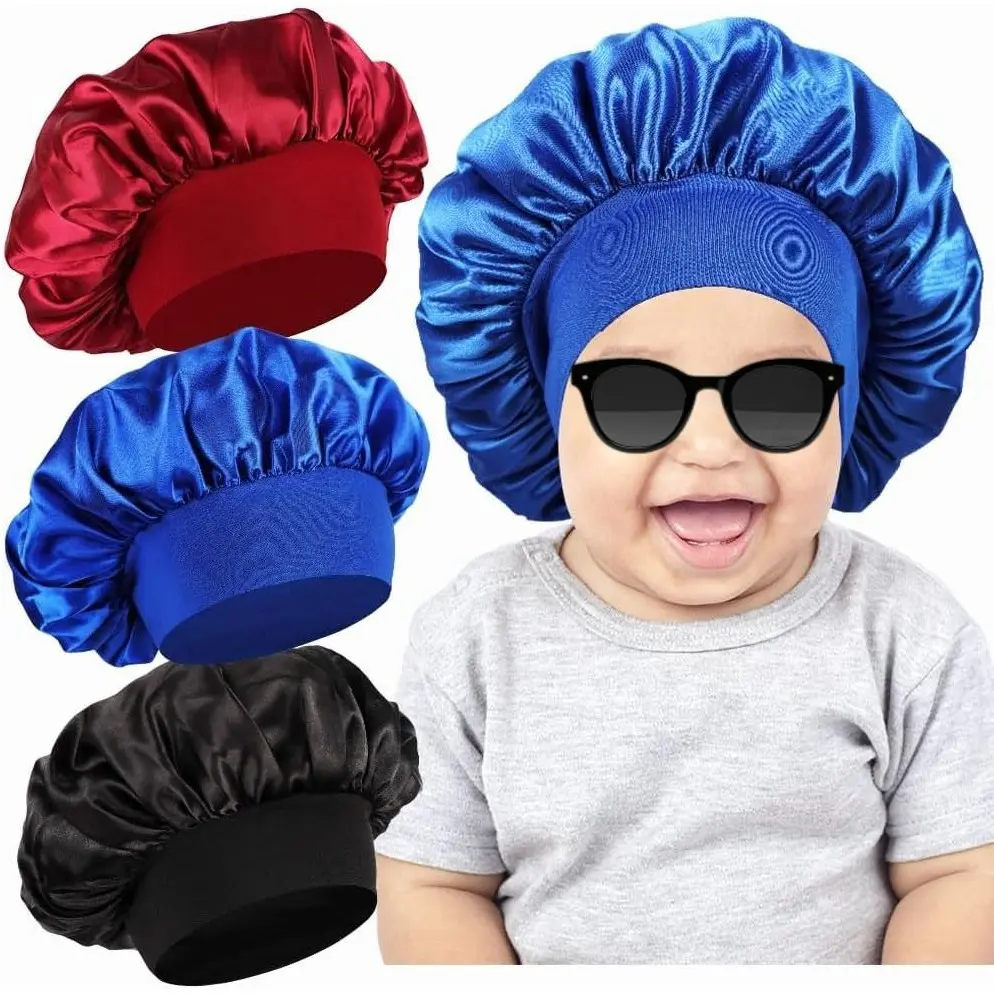 Kids' Solid Color Silky Bonnets (3-Pack) for Boys & Girls, Wide Elastic Band Slip-On Hat for Haircare, Nighttime Anti-Frizz Detangling, All Hair Types, Moisturizing Sleeping Wear