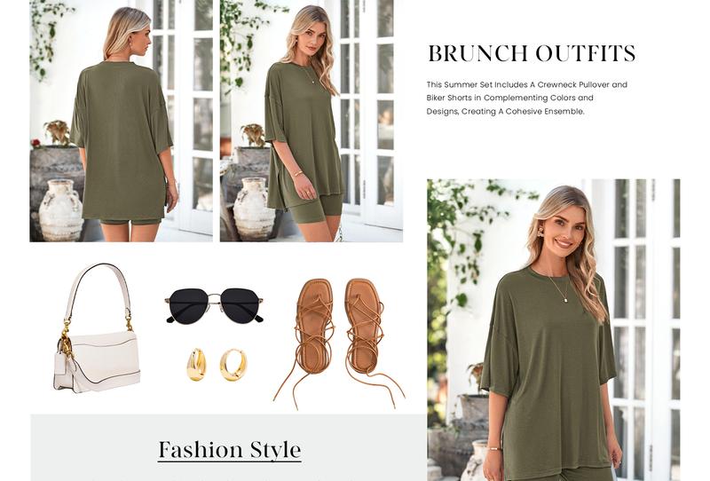 PRETTYGARDEN Women's Summer Two-Piece Set Casual Oversized Crewneck Split Hem Shirts & Side Pocket Biker Shorts Minimalist Lounge Wear Soft Viscose Fabric Comfy Homewear Cozy Pjs