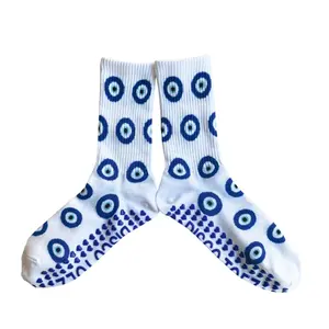 White With Blue Evil Eye - Comfortable Pilates Grip Socks
