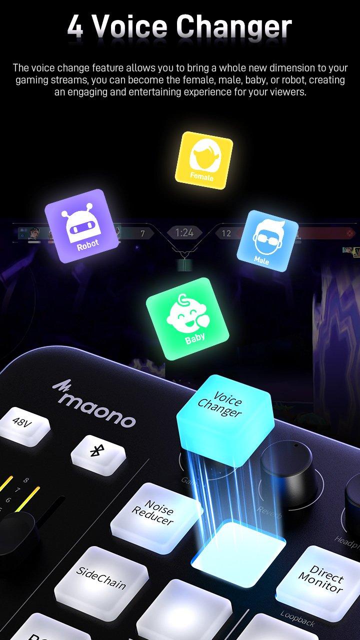 MAONO G1 NEO RGB USB Audio mixer with Bluetooth, Noise reduction, easy to use with PC, Smartphone, XLR microphone, ideal for gaming and streaming.