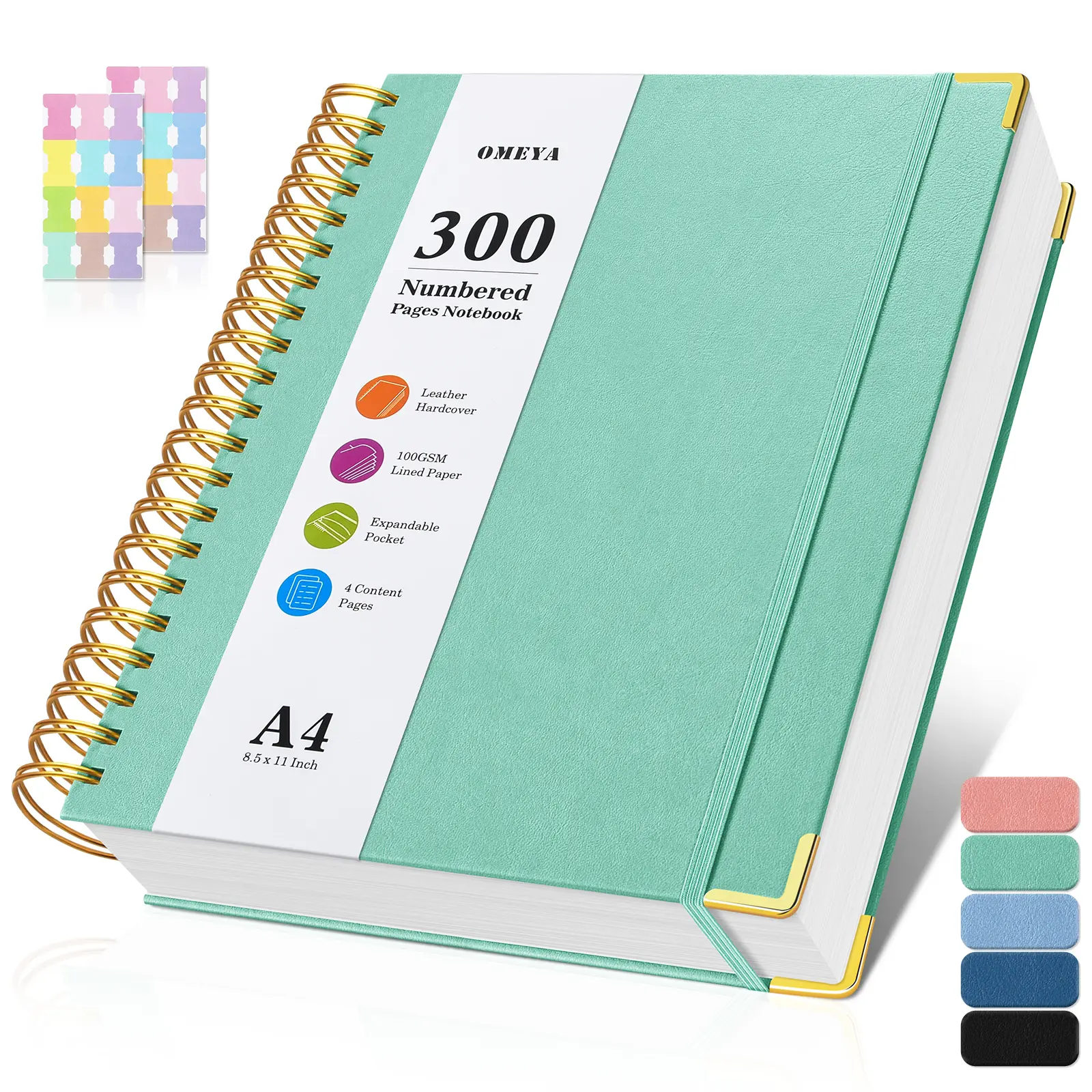OMEYA Spiral Notebook A4/A5, 300 Numbered Pages, 100GSM Thick College Ruled Paper, Leather Hardcover Journal with 24 Index Tabs, Twin-Wire Lay-Flat Binding & Expandable Back Pocket for Work, School & College