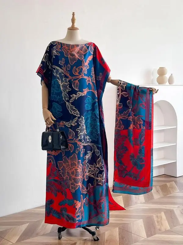 Women's Modest Dress Set, 2-Piece All-Season Bohemian Style Floral Gown with Boho Shawl and Cap, Lady Holiday Wear, All Seasons, Casual Wear, Hippie Style, Dress & Scarf Set, Scarf Matching Set
