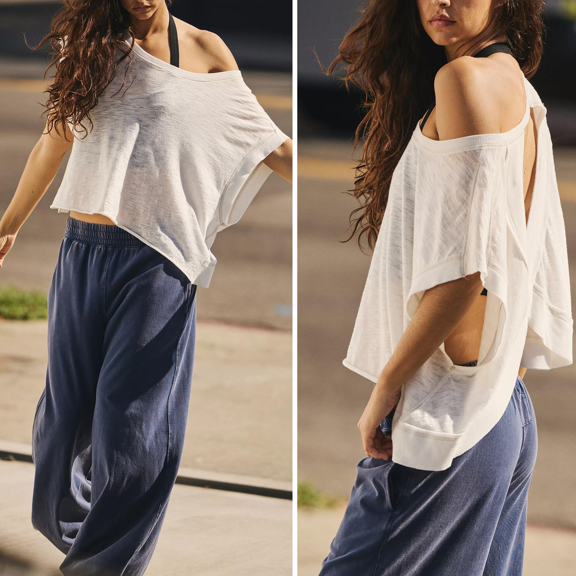 Buenoble Women’s Open Back Workout Tops Y2K Athletic Gym Slouchy Crop Running Tees SpringStatements