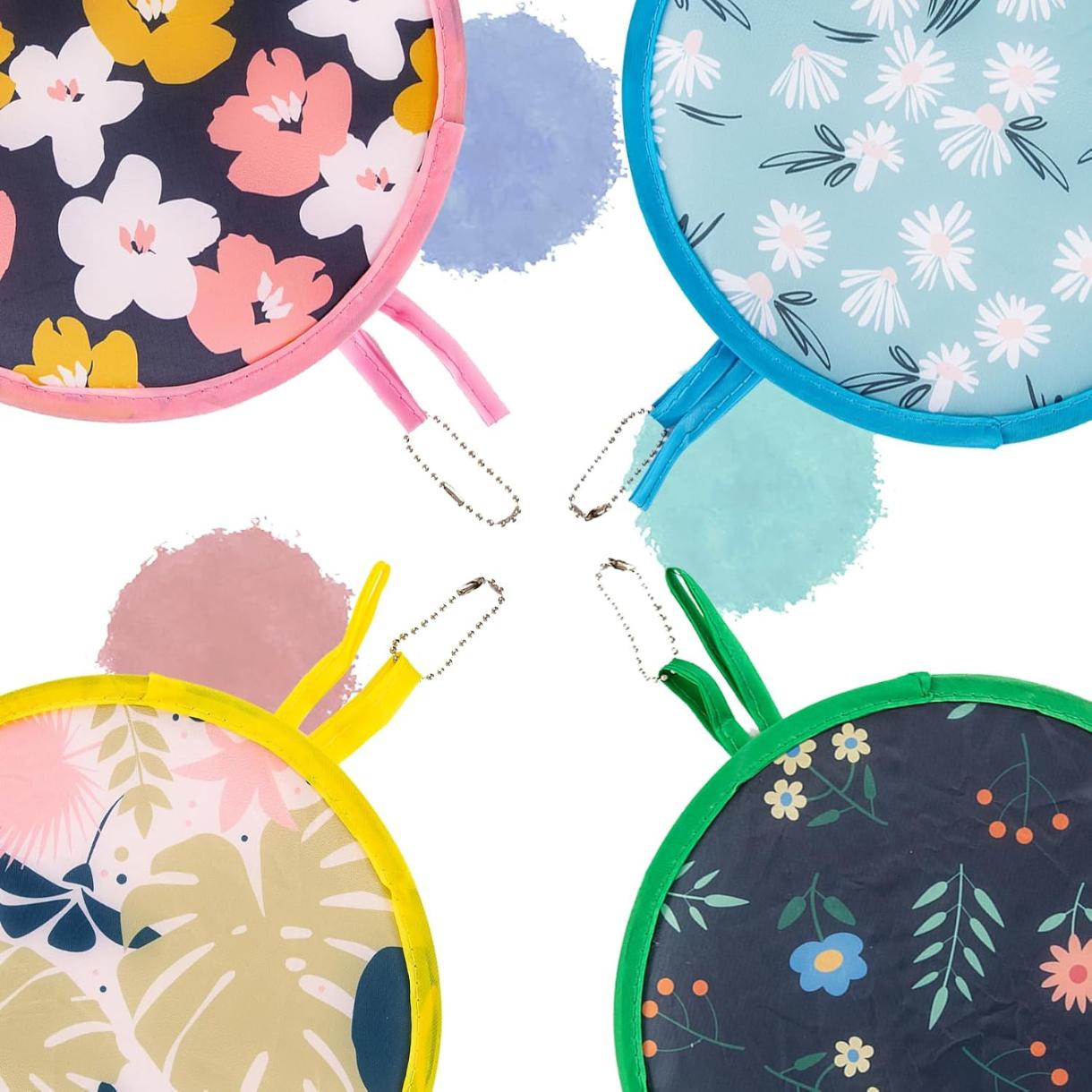 4 PCS 4 Styles Foldable Cooling Fans, Handheld Colorful Floral Round Fans for Travel, Events, Indoor & Outdoor (Nile Blue)