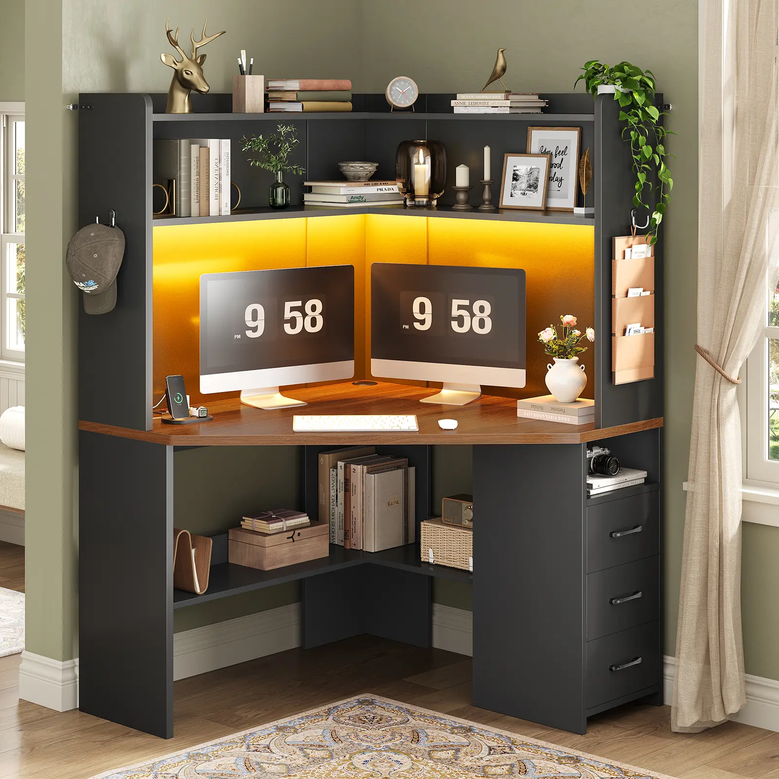 SEDETA 31.5 Inch Corner Desk for Small Space Corner Gaming Desk with 3 Drawers LED Lights Corner Desk with Hutch Corner Computer Desk with Storage Shelves Power Strip for Home Office