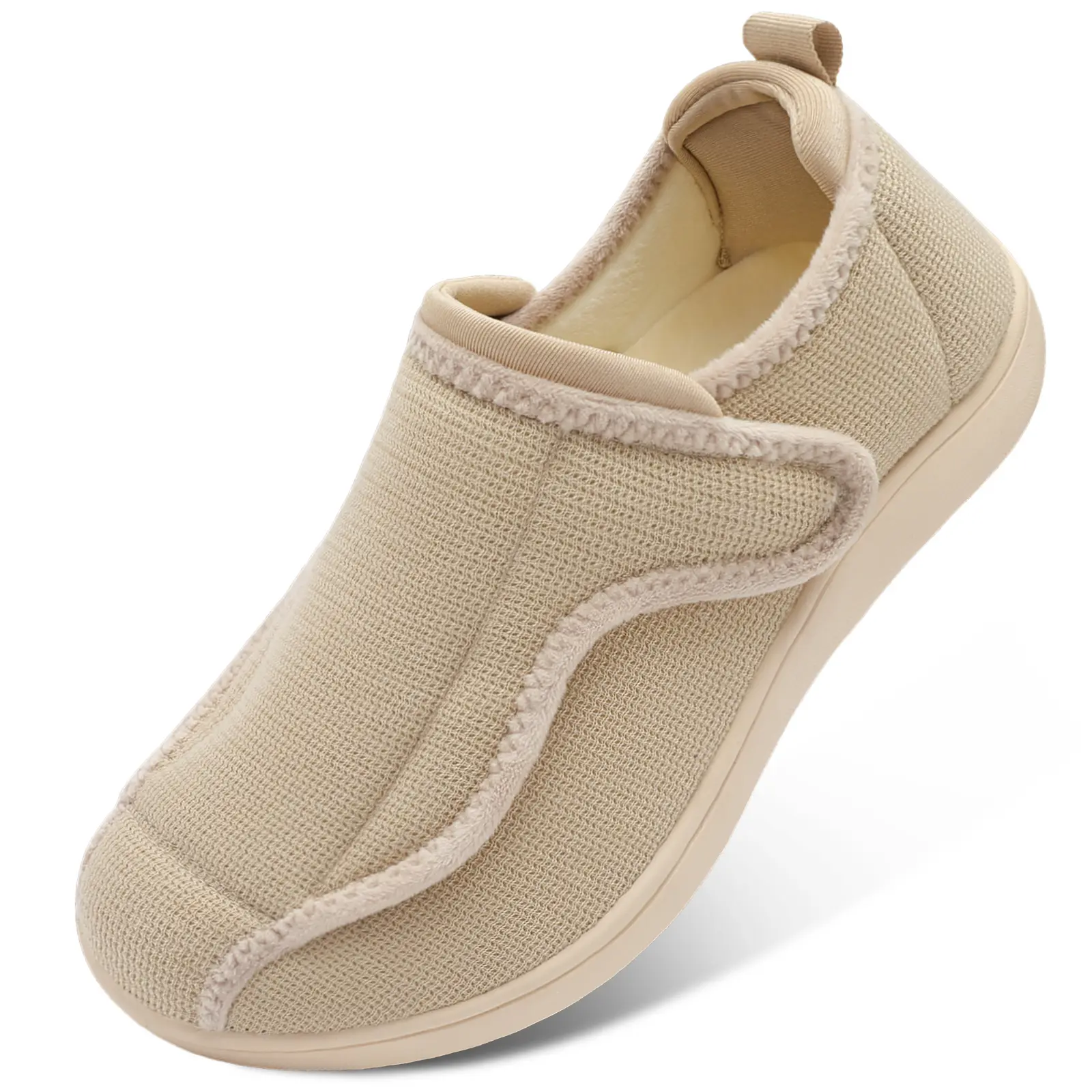 Leisfit Unisex Wide Fit Velvet Round Toe Slip-On Slippers - Adjustable Anti-Slip Polyurethane Plush Casual Indoor Diabetic Shoes for Seniors, Swollen Ft, Natural, Walking Shoes, Women