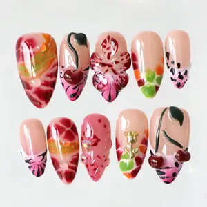 PG61 Cherry Bomb Press on Nails, 100% 3D Handmade Acrylic, Almond Shape, Reusable Long-Lasting Salon Quality, Elegant Daily Wear