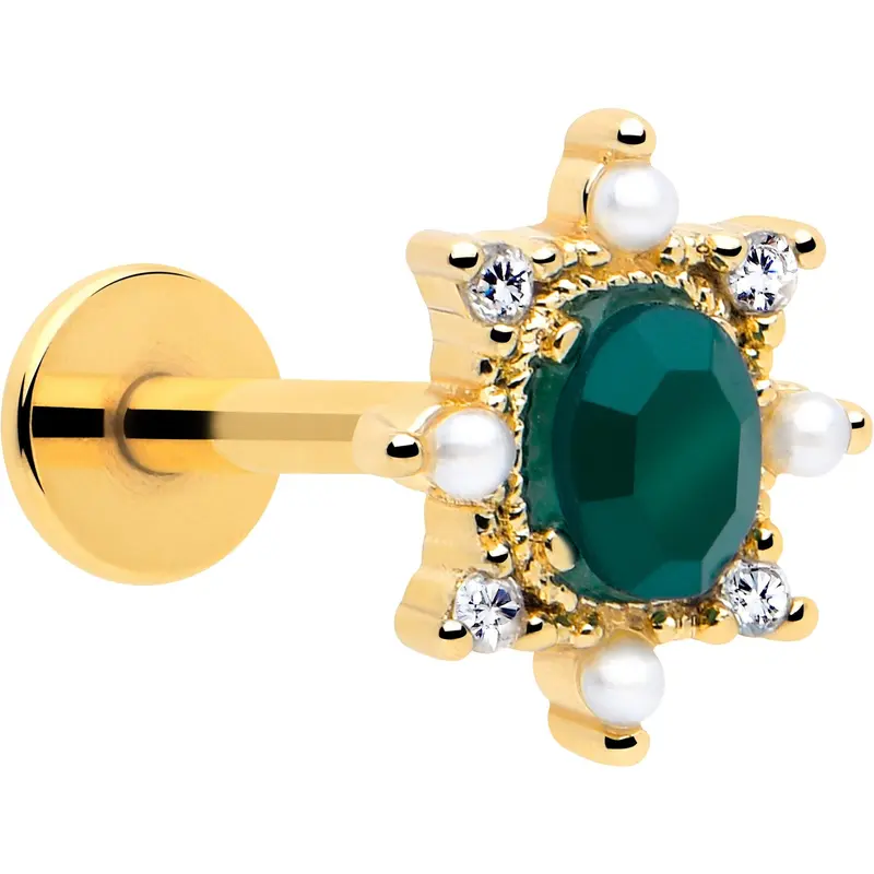 16G  Green CZ Gem Gold Tone Royal Beauty Flat Back Cartilage Tragus Labret