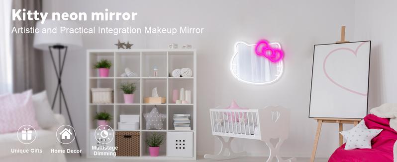 【FaddishDeal】Kitty face Home Decorative mirror ,Anime Neon Sign for Dresser, Locker Room,Living Room, Neon，Light up Acrylic Mirror with Dimmable Interior Led Pastel，