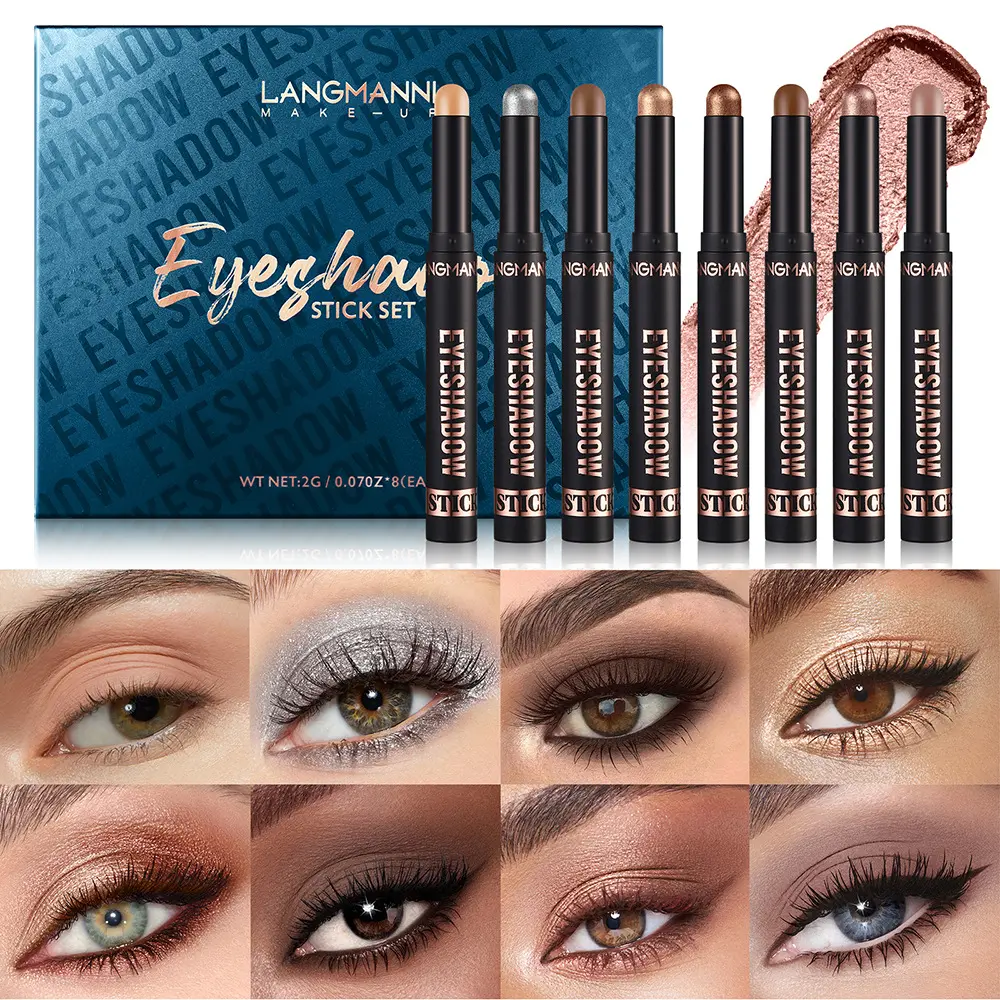 LANGMANNI 8 PCS Soft Smooth Cream Eyeshadow Stick Gift Set,Matte Earth Color+Bright Metal Color Contour Stick,Waterproof & Long-Lasting Eyeshadow (#A)