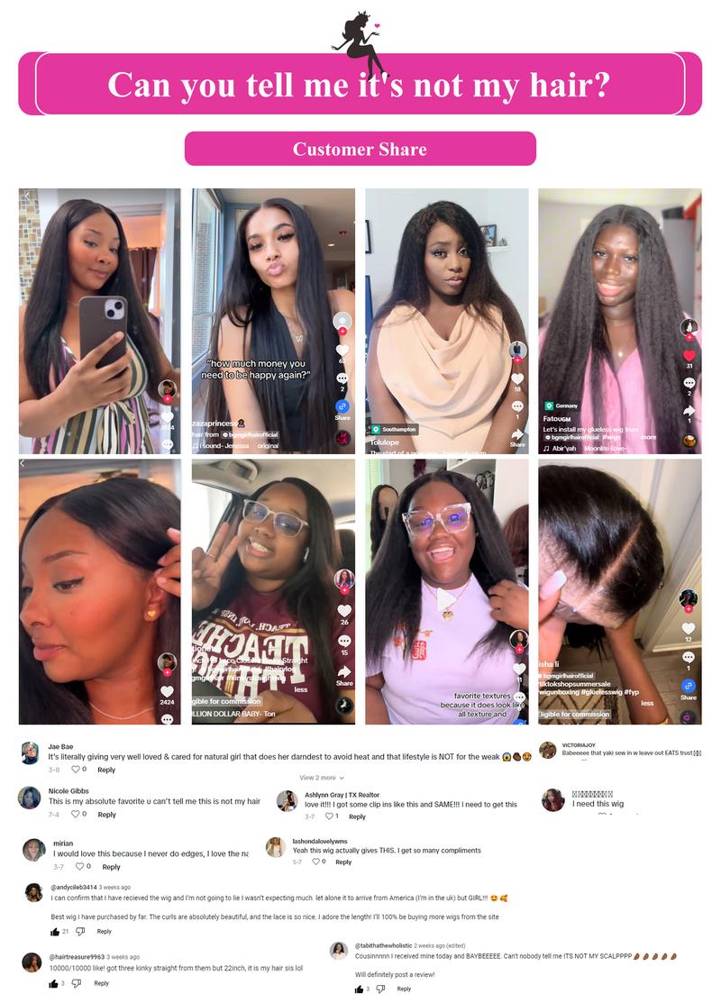 BGMgirl M-cap 9x6 Kinky Straight/ Yaki Straight Wear Go 180% Density Pre-Bleached HD Lace Glueless Wig Pre Plucked Hairline Human Hair