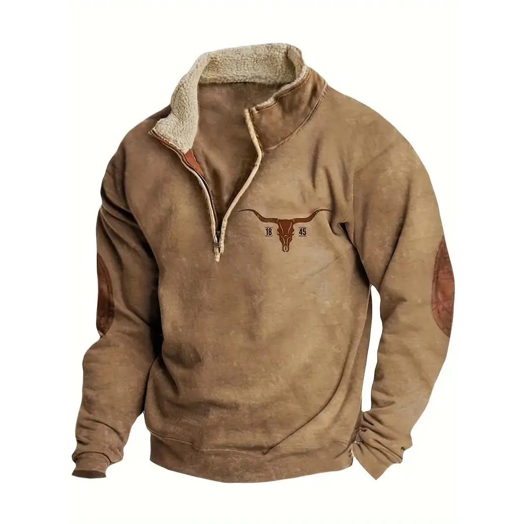 Aztec warm embroidered cow-head fleece sports shirt
