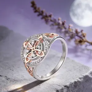 Silver Rose Gold Plated Celtic Knot Micro Paved CZ Ring Womens Vintage Unique Everyday Jewelry