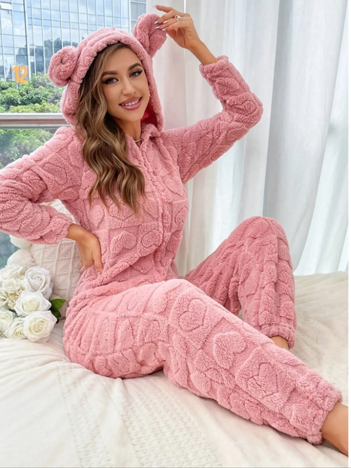 Women's Plush Soft Fleece Onesie Pajamas Set, Long Sleeve Hooded Jumpsuit with Ears Design, Autumn Winter Warm Fitted Basic Sleepwear & Loungewear for Ladies, Womenswear, Home Loungewear Pj Onesie
