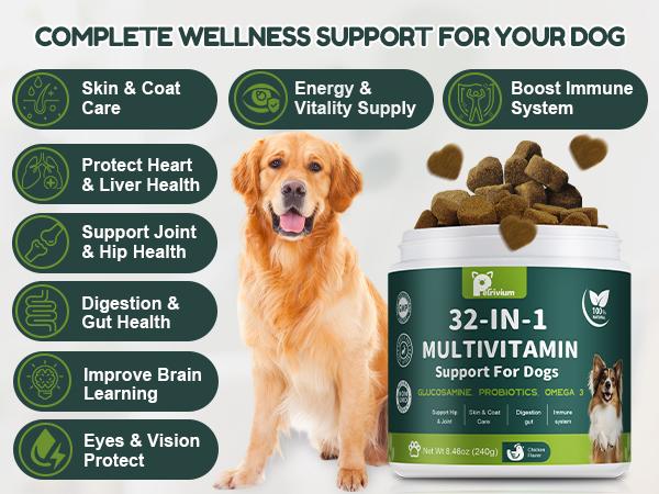 【32-in-1】Dog Chewable with Glucosamine & MSM, Omegas 3 & 6, Probiotics, Dog Vitamins and Supplements for Hip & Joint Health, Skin & Coat, Immune Boost & Overall Natural Health 120 Soft Chews cat Multivitamin