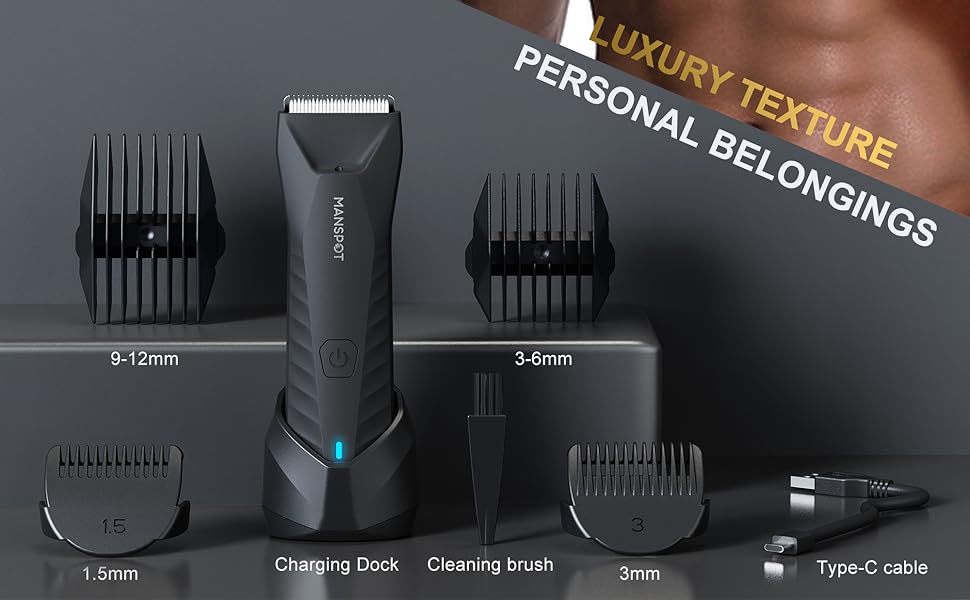 MANSPOT Manscape Body & Pubic Hair Trimmer for Men Electric Groin Hair Trimmer with Replaceable Ceramic Blade Heads Waterproof for Wet Dry Use Standing Recharge Dock 90 Minutes Shaving Time