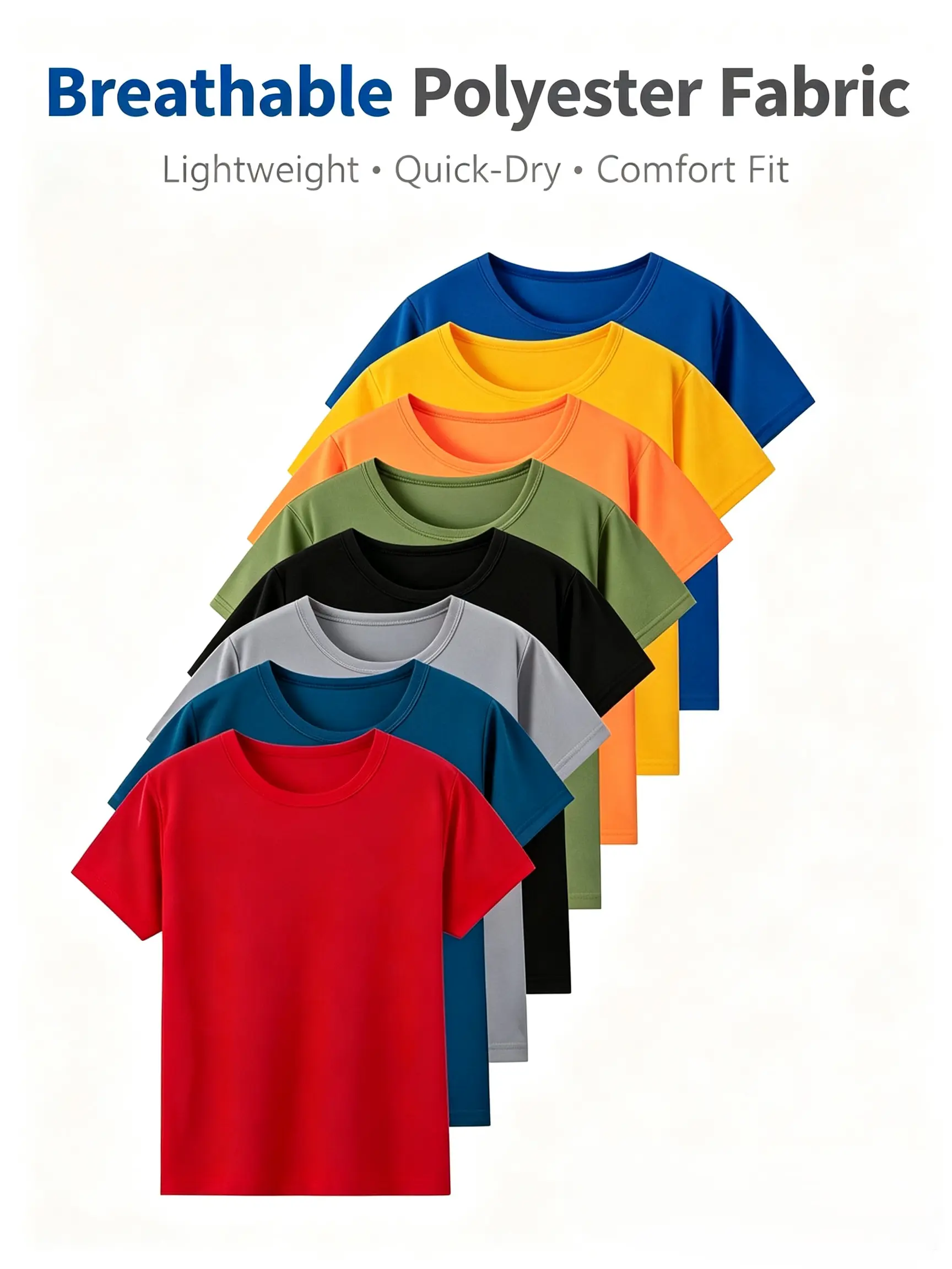 Boys' 5/6/8-Pack Quick-Dry T-Shirts in Solid Colors, Breathable Polyester Crew Neck with Side Stripe for Summer Sports, 11-12Y Dry Fit Tees