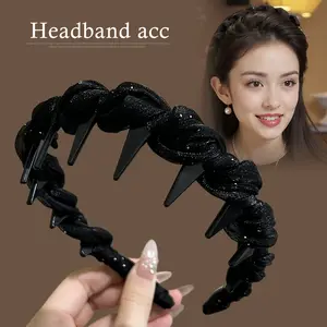 2 Pack Braided Headbands for Women, Twist Hair Band with Spike Clips, Glitter Mesh Non-Slip Head Hoop for Hairstyling, Black Silver Hair Accessories for Y2K Gothic Outfit