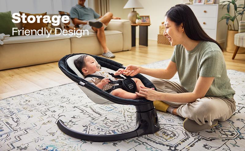 HARPPA Compact Electric Baby Swing with Music Speaker, Newborn Bouncer & Rocking Chair, Foldable Bassinet for Baby with Harness, 5 Adjustable Speeds