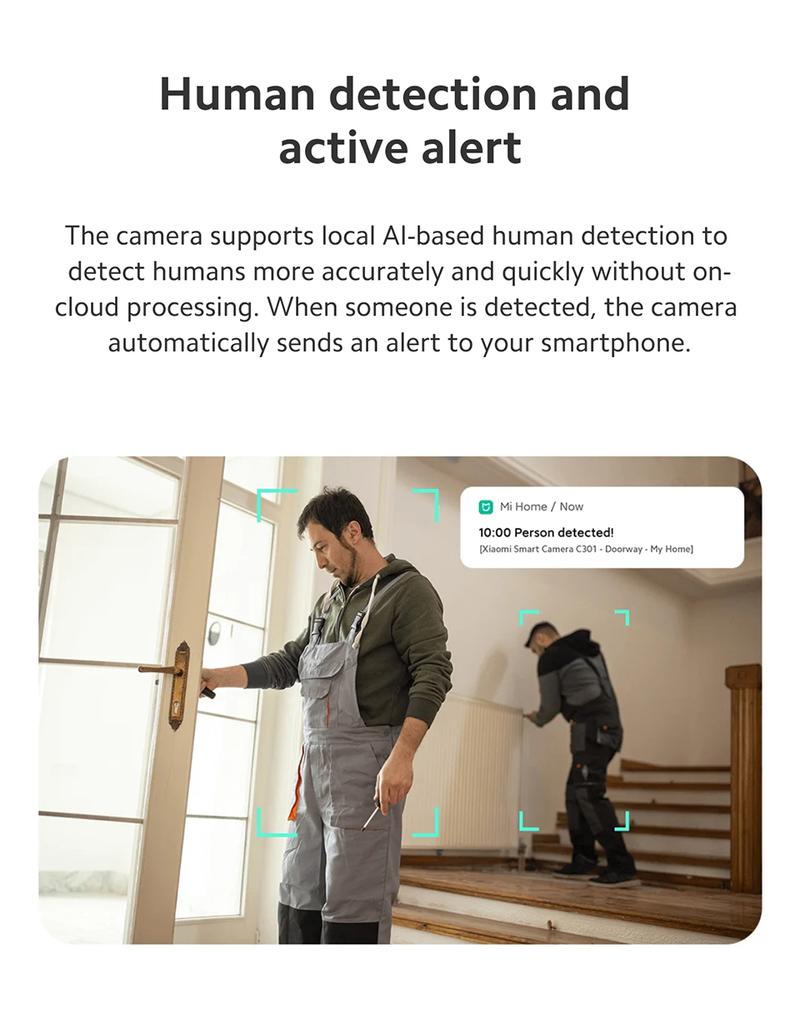 Xiaomi Smart Camera C301 Wireless 3MP ultra-clear visual experience, Human detection and active alert, Night Vision, Real-time two-way voice calls Safety Card Chip Lens