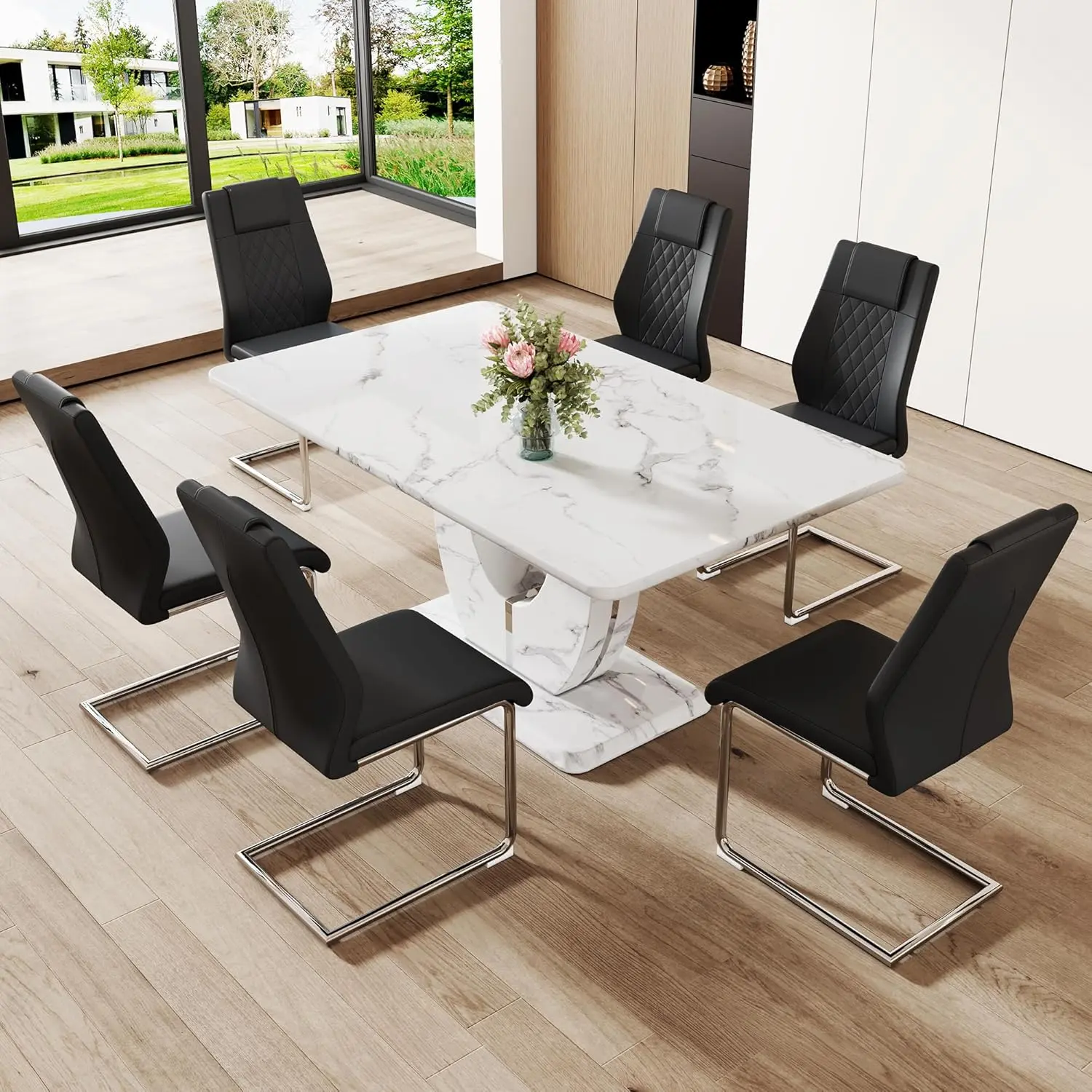 MUUOKY Modern 5-Piece Faux Marble Finish Dining Table Set, 63" L×37" W×30" H Rectangle Table with MDF Base, PU Leather Chairs, Waterproof, 1200°C Heat-Resistant, Durable, Simple Assembly Required, Ideal for Dining Room Gatherings