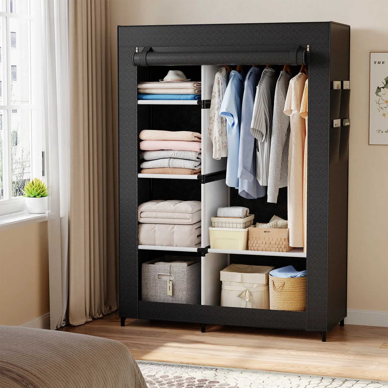 Sweetcrispy Stable Freestanding Wardrobe Storage Unit - Portable Garment Rack with Cover, Space-Saving Modern Bedroom Armoire, Clean Look Wardrobe Closet System for Bedroom, Basement