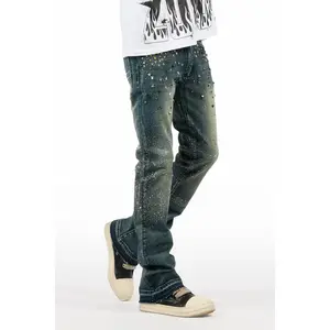 Onyx Dark Blue Studded Stacked Flare Jean