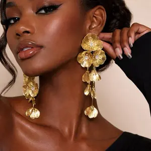 Boho Style Tassels Gold Colored Earrings with Floral Design and Dangling Petals for Elegant Looks