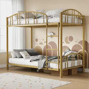 Metal Bunk Bed Twin Over Twin, Heavy Duty Bunkbeds Frame with Arched Guardrail and Safety Ladder, Sturdy Steel Bed for Kids Boys Girls, Space-Saving, No Box Spring Needed, Gold