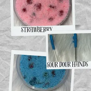 Two 8oz containers of our Sour Dour Bites Double Pack Sour Gushers Green Apple Flavor & strawberry Delicious Candy Treats with 1 Sour dour hand tool Sweet Snack Chewy Bonbon