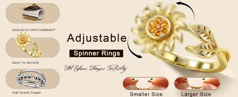 9Pcs Gold Plate Fidget Spinner Rings for Anxiety & Nail Biting Adjustable Open Ring Set Women Stress Relief Cute Jewelry Gift
