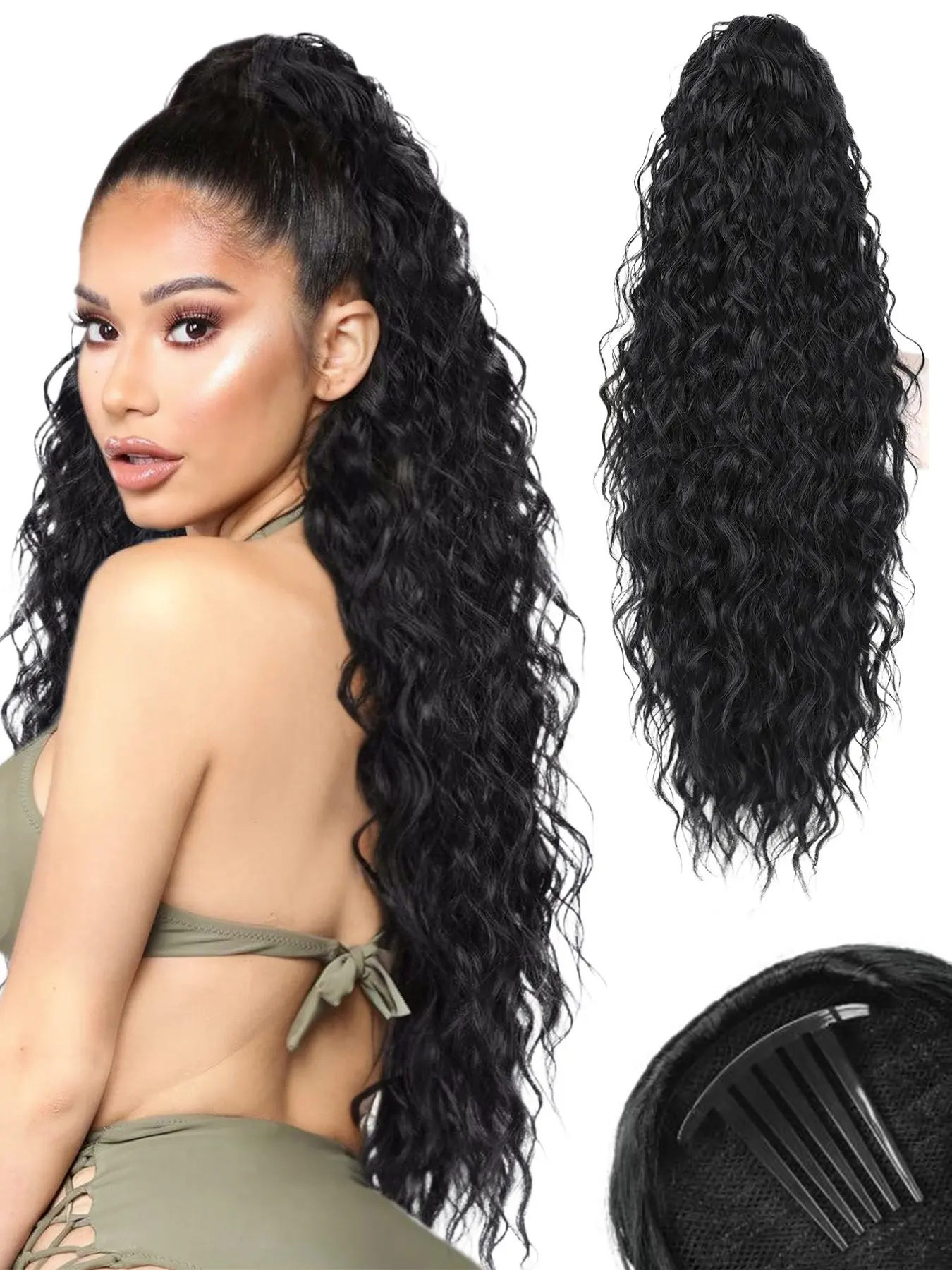 30 inch Adjustable Drawstring Ponytail Extension Long Wavy Curly Clip on Hairpiece Comb Clip in Ponytail Extensions Layered Fluffy Thick Pony Tails Hair Extension Synthetic Hairpieces for Women