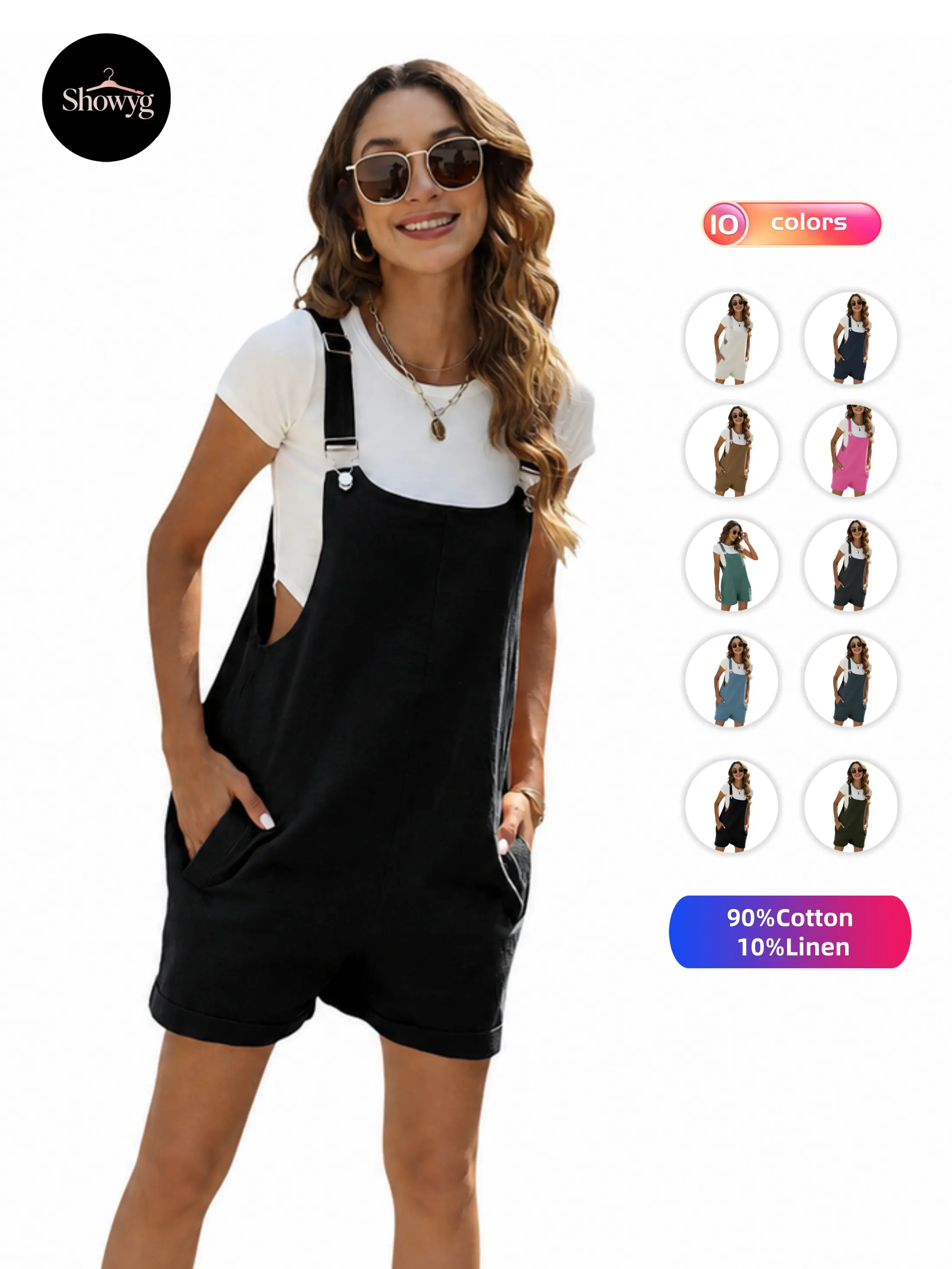 Showyg Women's Cotton Linen Sleeveless Strap Bib Shorts - Solid Colors Plain Overalls Shorts with Pockets, Casual Summer Womenswear, Basic, Overalls For Women, Casual Wear, Fitted, Clothes, Adjustable Straps, Multiple Pockets