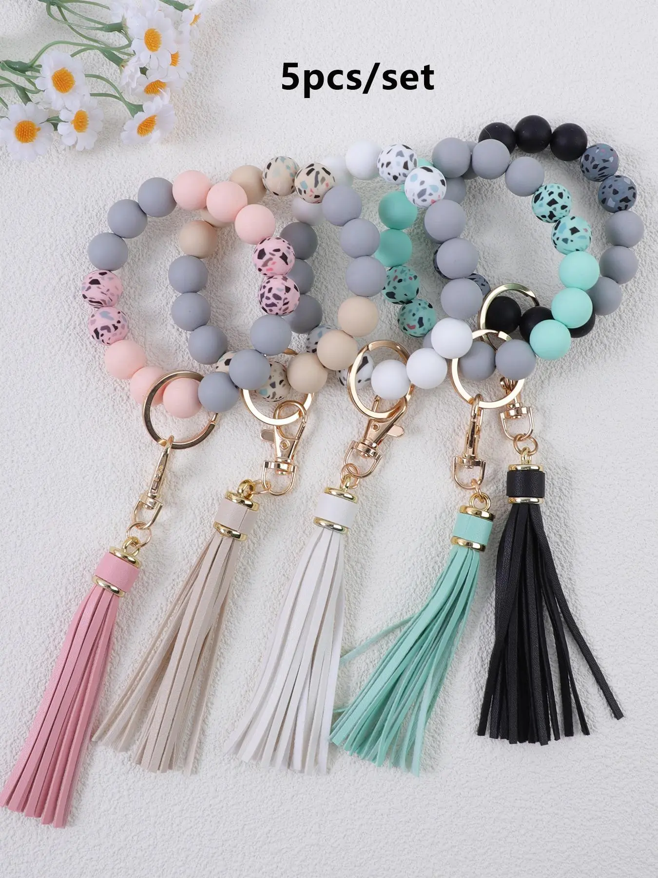5-Piece Stone Texture Silicone Beaded Wrist Keychain Set, Car Anti-Loss Keyring, Key Chain for Car Keys, Keychain Lanyard, Key Accessories, Holiday Gift, Perfect Gift for Mom Friend Relative
