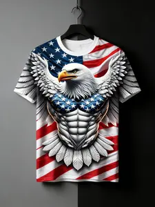 Men's trendy casual and fashionable sports T-shirt with summer national flag pattern, white eagle spreading its wings, full body printed design, comfortable short sleeves, regular round neck outdoor top
