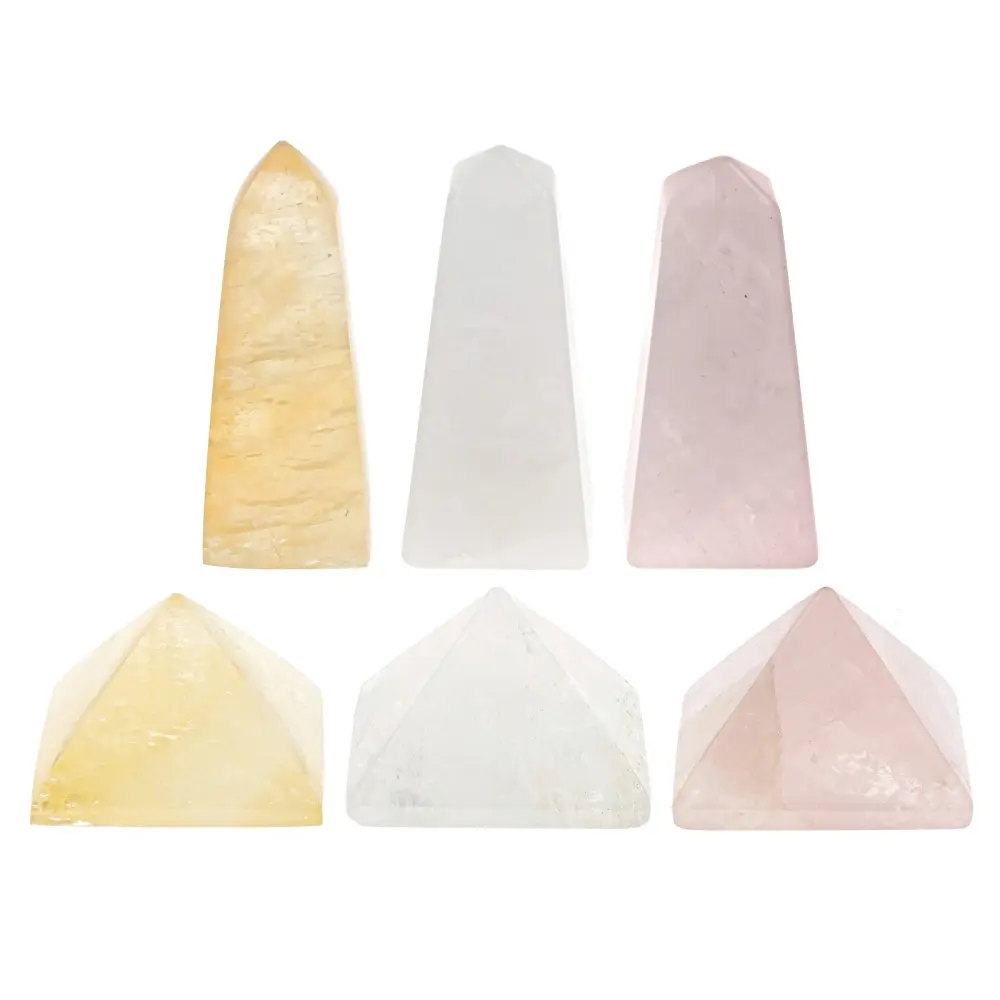 JTV Calcite, Rose and Crystal Quartz Obelisk and Pyramid Set of 6