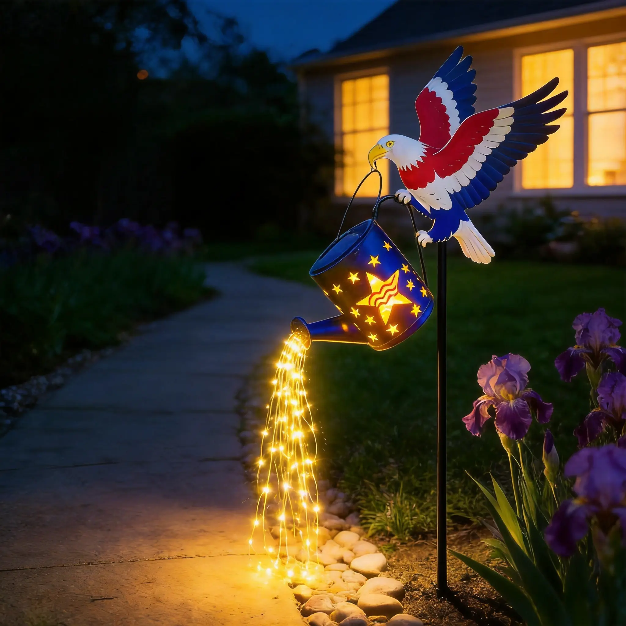 Solar Outdoor Light 4th of July Decorations Solar Eagle Garden Lights with Watering Can USA 250th Anniversary Decor for Memorial Day Veterans Day  Camping Decor Lights Solar Hanging Kettle Lamp  Stake Light for Yard Lawn Garden Patio Gift for  Friend IP65
