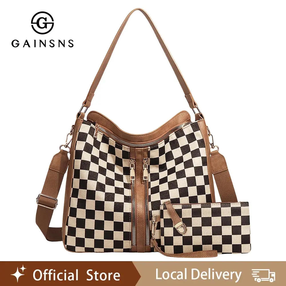 GAINSNS Checkerboard Plaid Checkered Women Large Crossbody Bags Ladies Satchel Shoulder Handbags Purse and Wallet Set for Women Totes, Versatile High-quality Daily Commuting Bag, with Adjustable Shoulder Strap for Work Shopping and Travel